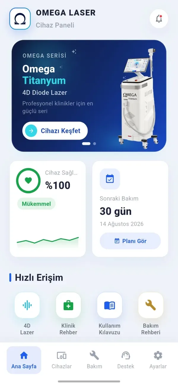 OMEGA Laser app — device dashboard screen