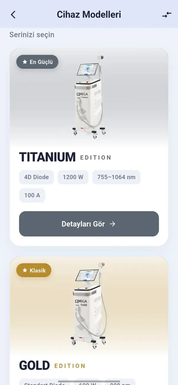 OMEGA Laser app — device models screen
